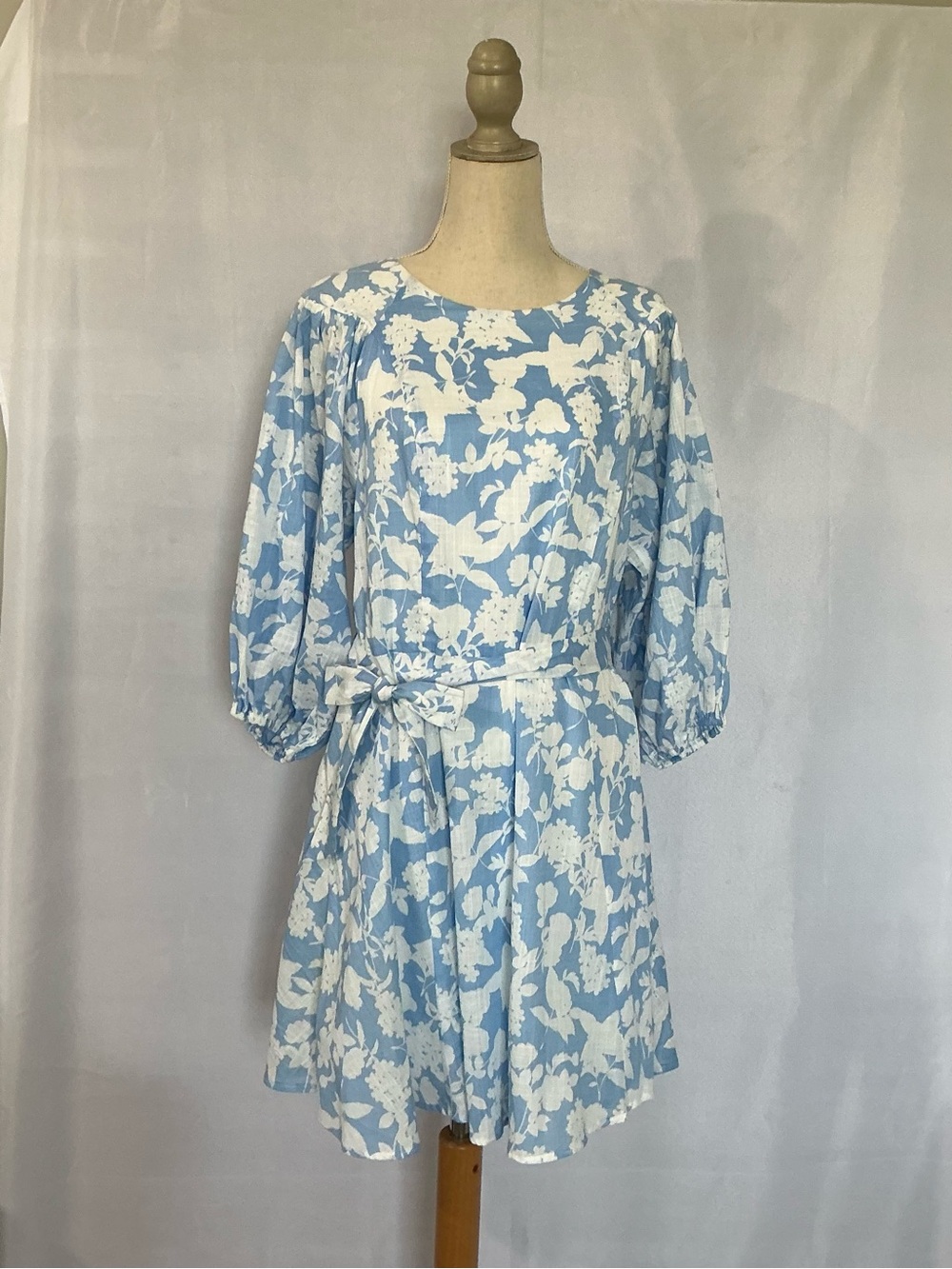 Premier Amour Blue Floral Balloon Sleeve Belted Dress 14 NWT